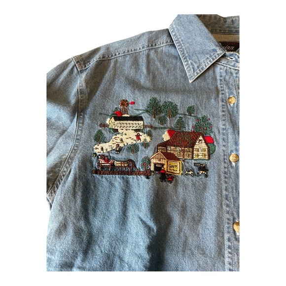 Vtg Denim Shirt Size S Christmas Winter Wonderland Embroidered Oversized Art - Picture 4 of 11